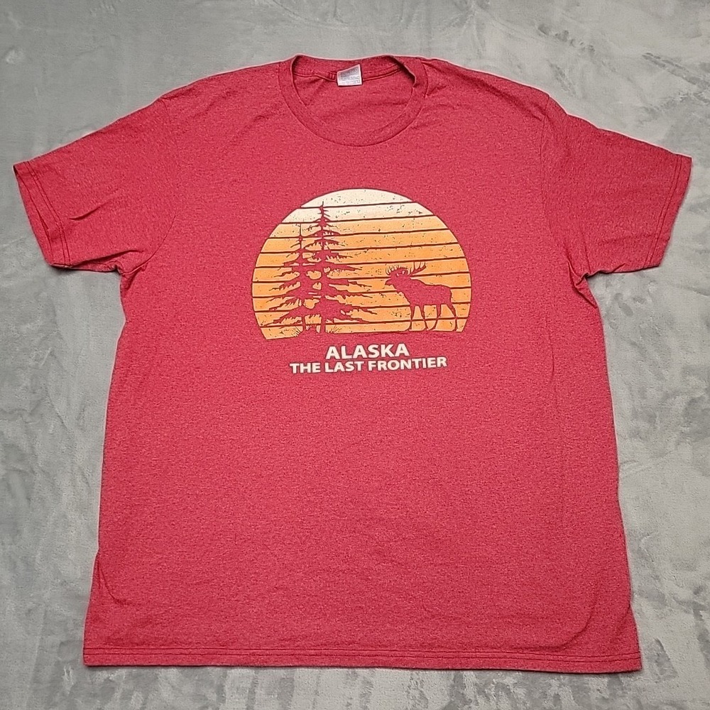 Alaska The Last Frontier Shirt Mens 2XL Red Yazbek Graphic Tee Moose Sunset